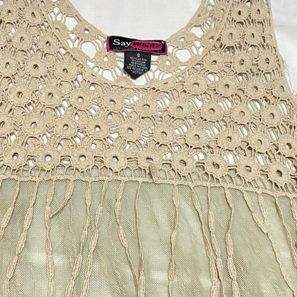 Boho Beige Crochet Open Knit Fringe Tank Top Small - Picture 4 of 5